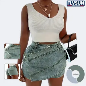 Flvsun- Women Denim Mini Skirt Jean Skort Sexy High Waisted Asymmetrical Stretch Short Skirts Womenswear Bottom Palda Basic Minimalist Sea Blue jean shorts sweat shorts baggyjorts
