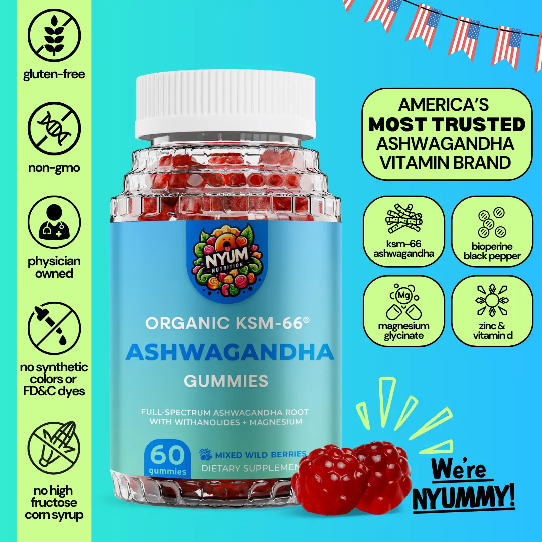 Nyum Nutrition KSM-66 Ashwagandha & Magnesium Gummy – Mixed Wild Berry, Vegan, Organic, Non-GMO, Gluten-Free & Gelatin-Free. Powered by Bioperine for Enhanced Absorption Natural Dietary Supplement Sleep Support