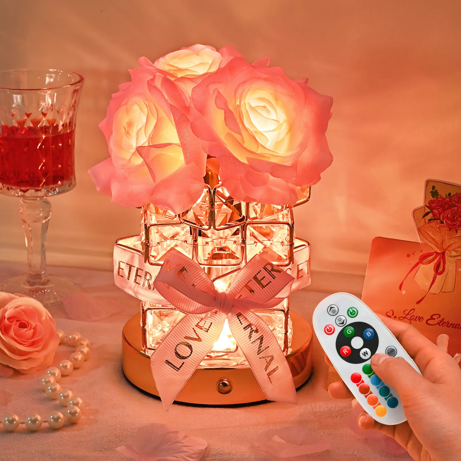 Crystal Table Lamp Rechargeable Cordless Rose Light Multicolored Dimmable Flower Lamp Romantic LED Rose Diamond Lamp for Bedroom Living Room Decor Valentine Birthday Gift for Her,Perfect Mother's Day Gift
