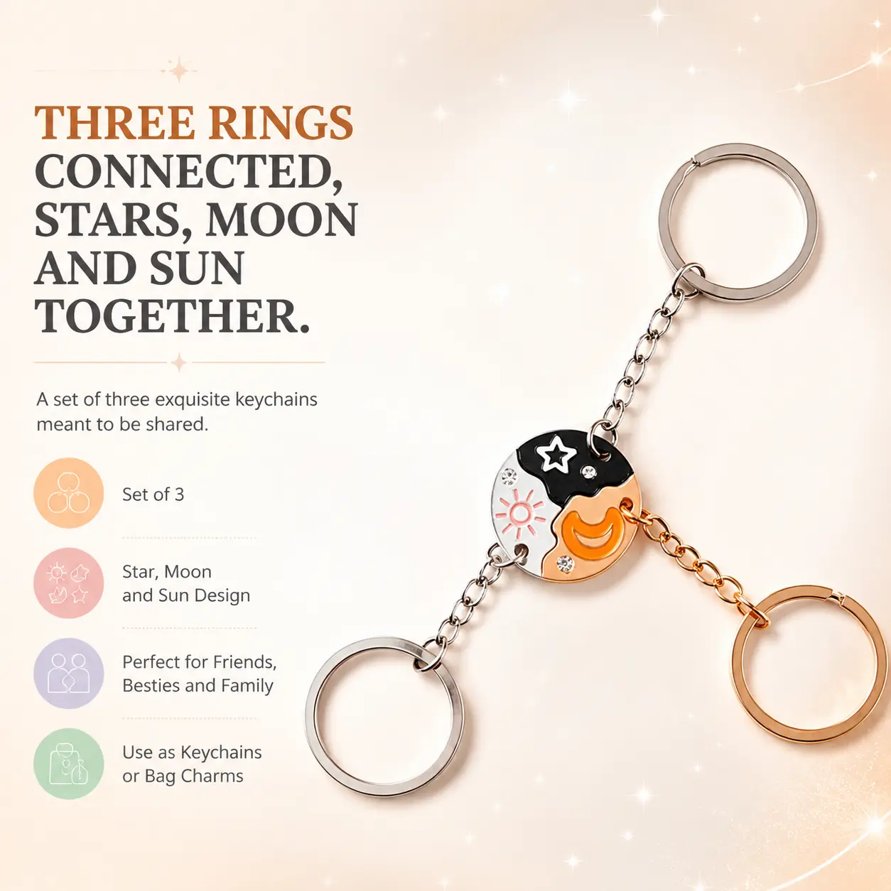 Best Friend Keychain Set of 3 – Sun Moon Star Puzzle Split Design, Matching Friendship Keychains for Women Girls, Trio Gift