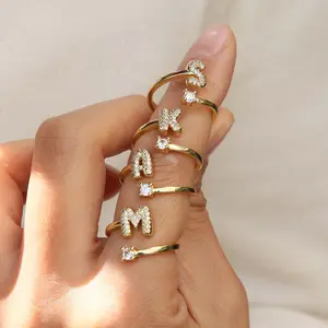 Zircon bubble cute 26 English letters opening adjustable personality ring initials men and women can be given as gifts party jewelry daily versatile