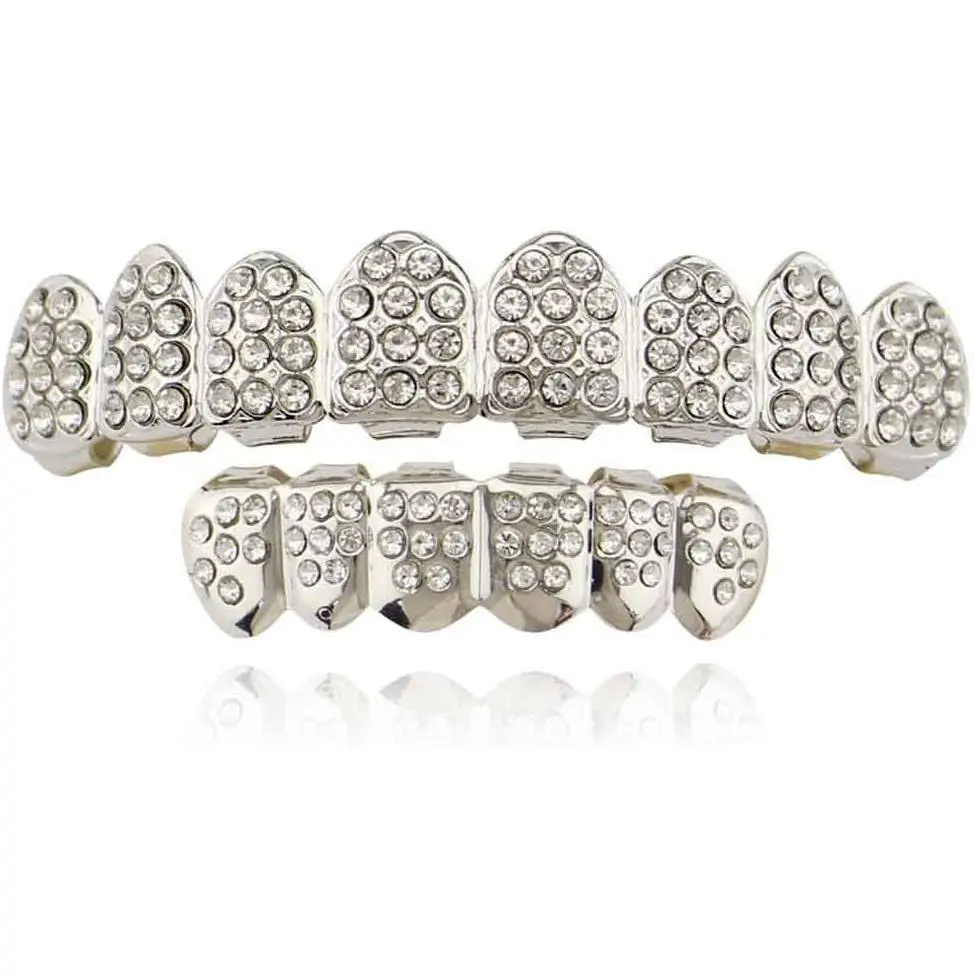 Psivika Gold Teeth Grillz for Men Grills for Your Teeth Women 18K Plated Iced Out Diamond Poker Heart CZ Top and Bottom Grill Set Hip Hop Rapper