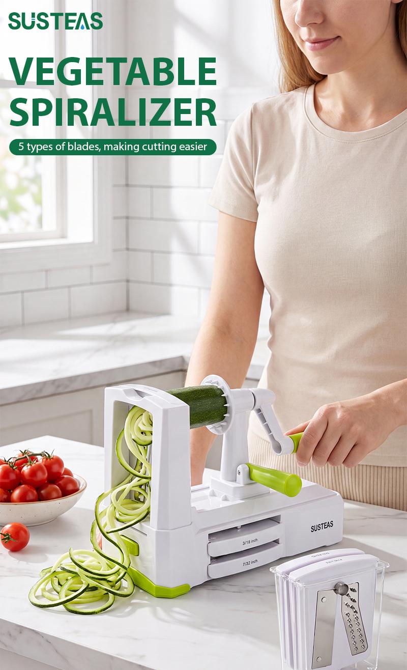 SUSTEAS Manual Vegetable Slicer Mandoline - 5 Replaceable Detachable Blades, Strong Suction Base, Smooth Hand Crank, 2/3/5/5.5mm Shreds/Wide Strips, Lightweight Durable, Safe Quick Even Cutting for Fruits, Veggies, Carrot, Cheese, Chocolate
