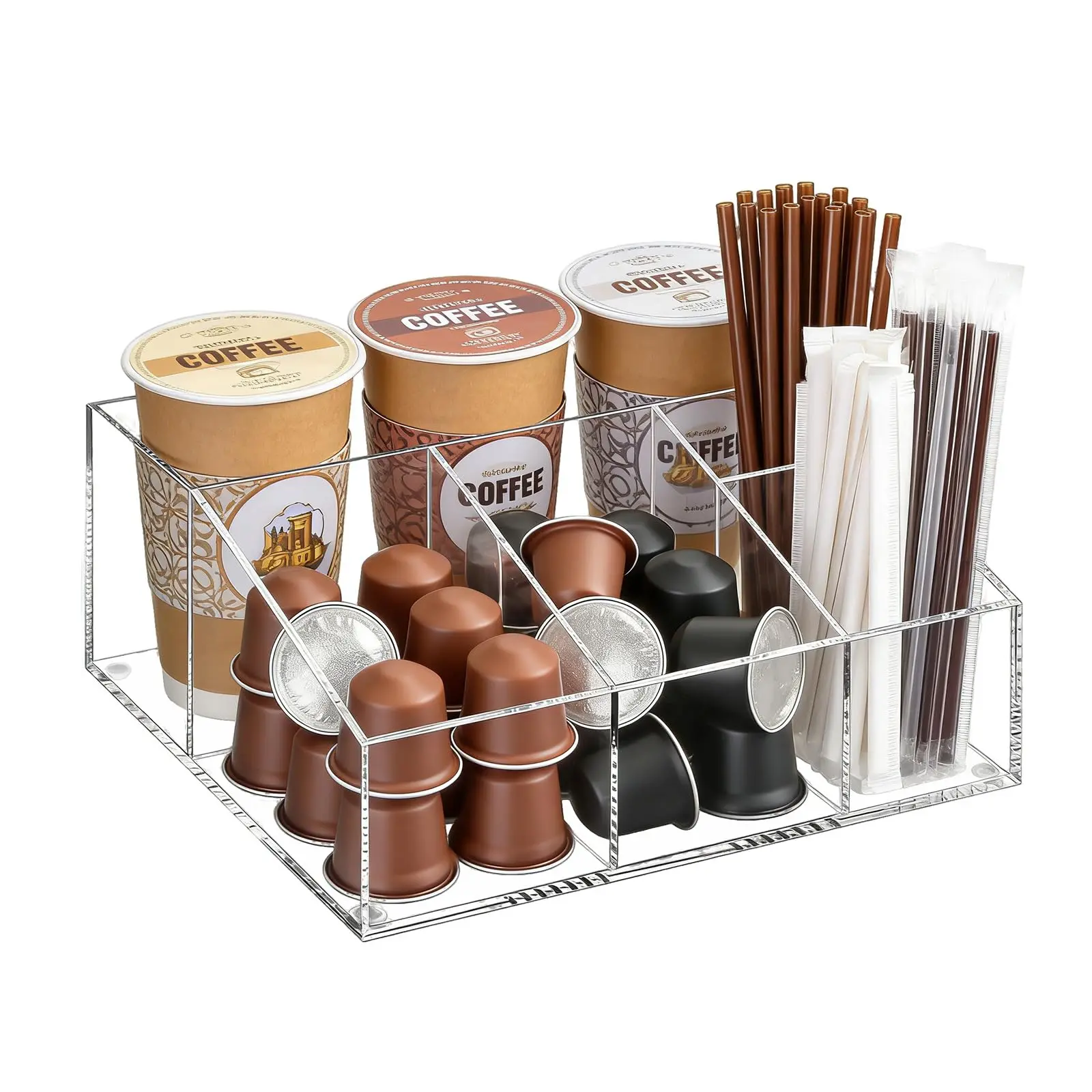 Clear Acrylic Coffee Station Organizer, 7-Compartment Coffee Bar Storage Bin for Pods, Cups, Lids, Syrup Bottles, and Tea Bags, Ideal for Kitchen Countertops