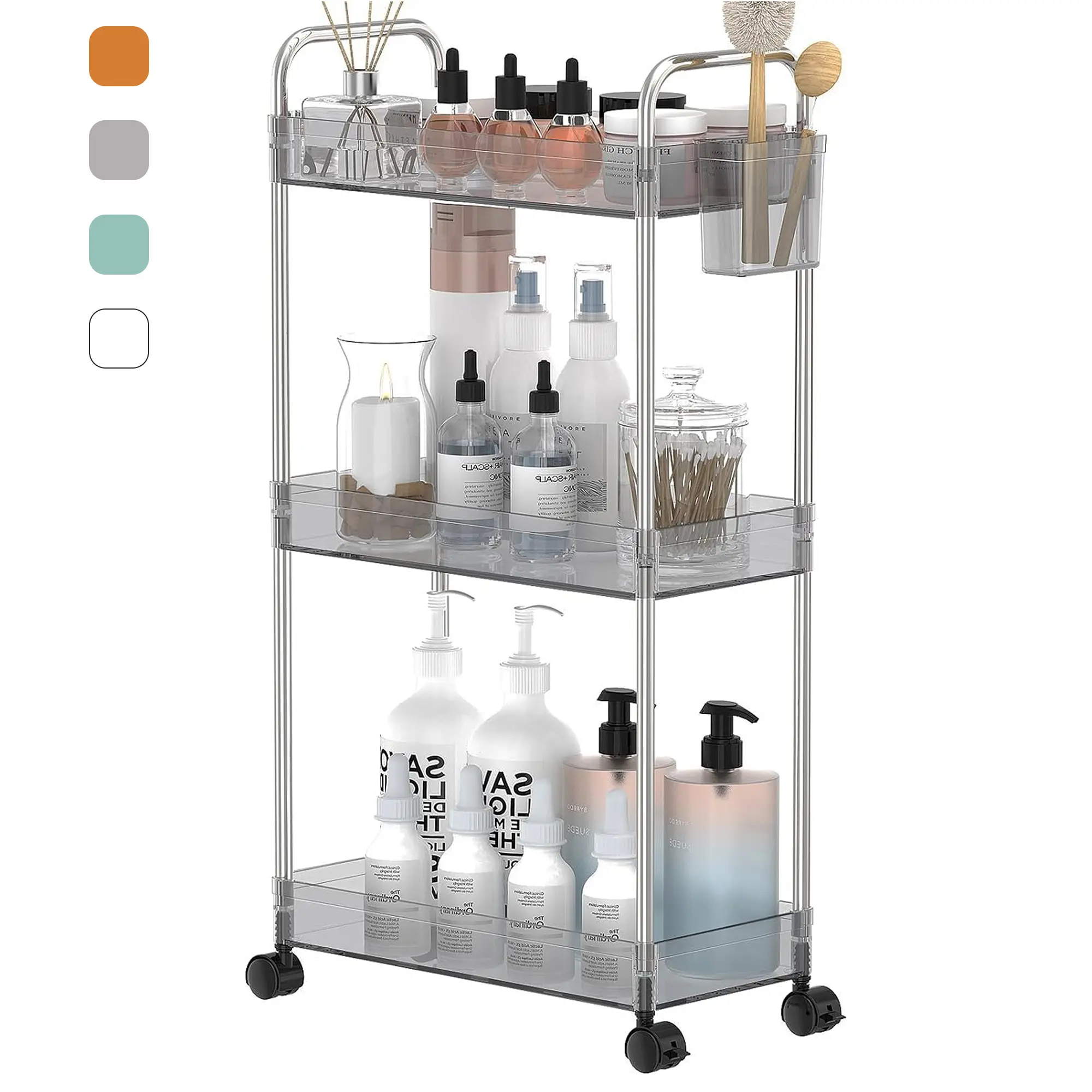 3 Tier Acrylic Storage Rolling Cart Clear Bathroom Cart Organizer, Transparency Laundry Room Organization Mobile Shelving Unit Multifunction Rolling Utility Cart for Office Living Room｜Amber｜Gray｜Green｜Clear