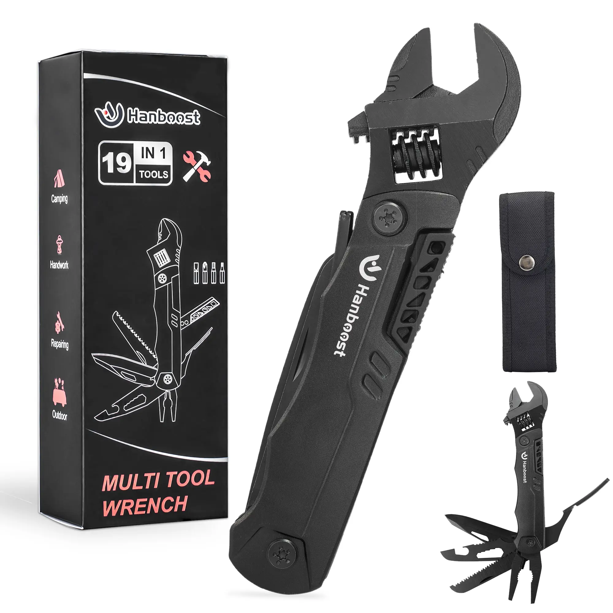 Hanboost Multitool Wrench Pliers Wide Jaw, 19 In 1  handtools Pocket Size  wrenchset for Outdoor Camping, Gift for Him and Her, Multi Purpose  wrenchset Gadget with Wire Cutter,4 Types Screwdriver Bits & Wood Cutting Saw Bottle Opener for Maintenance