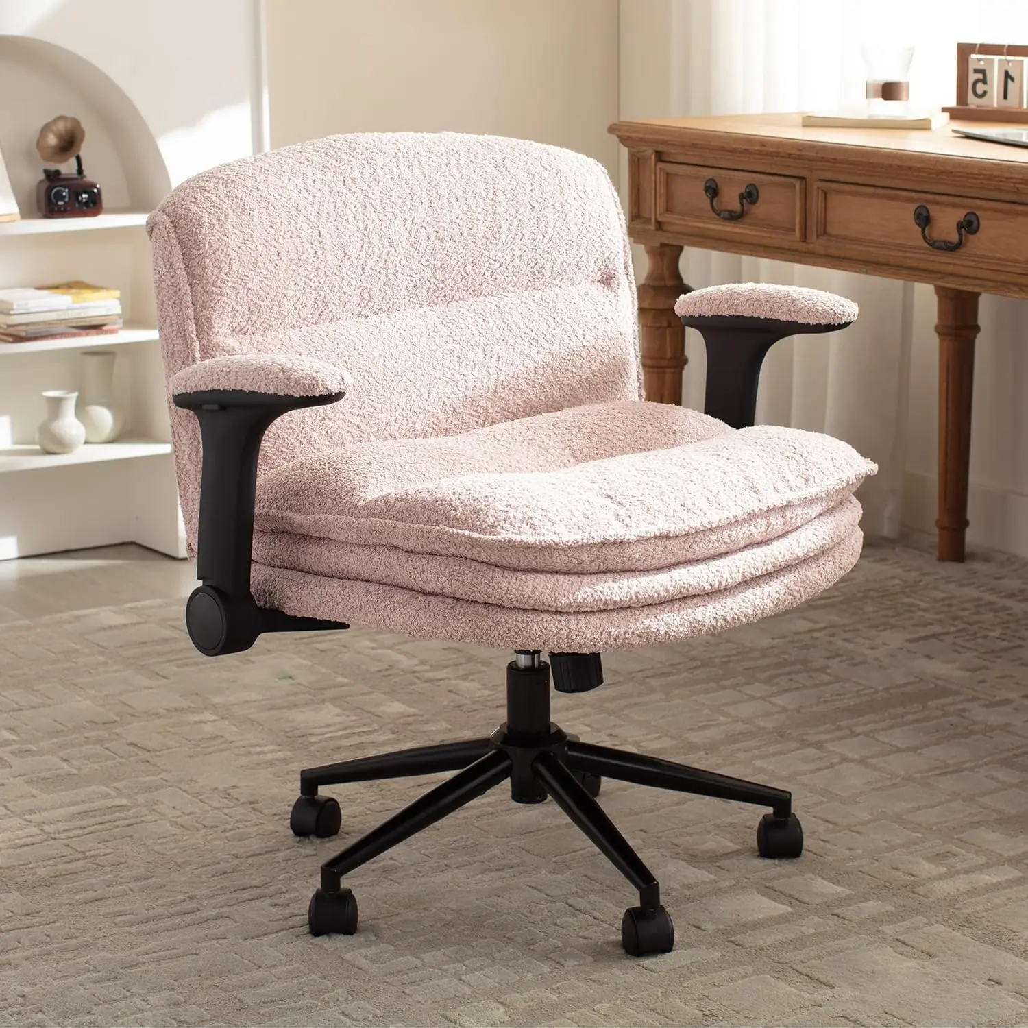 [DealsForYouDays] Extra Large Criss Cross Chair, Oversized Chair with Adjustable Flip-up Arms and Wheels, Comfort Ergonomic Office Desk Armchair with 3 Layer Cushions, Wide Seat Vanity Chair for Home Office, Living Room, Bedroom
