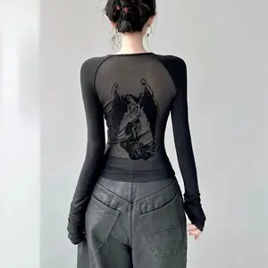 2025 2000s Black Retro Angel Print T-shirt for Women 2025 Autumn Fashion Slim Fit Tee Shirt Y2k E-Girl Long Sleeve Bottoming Tops Mujer Womenswear Streetwear Summer Crewneck