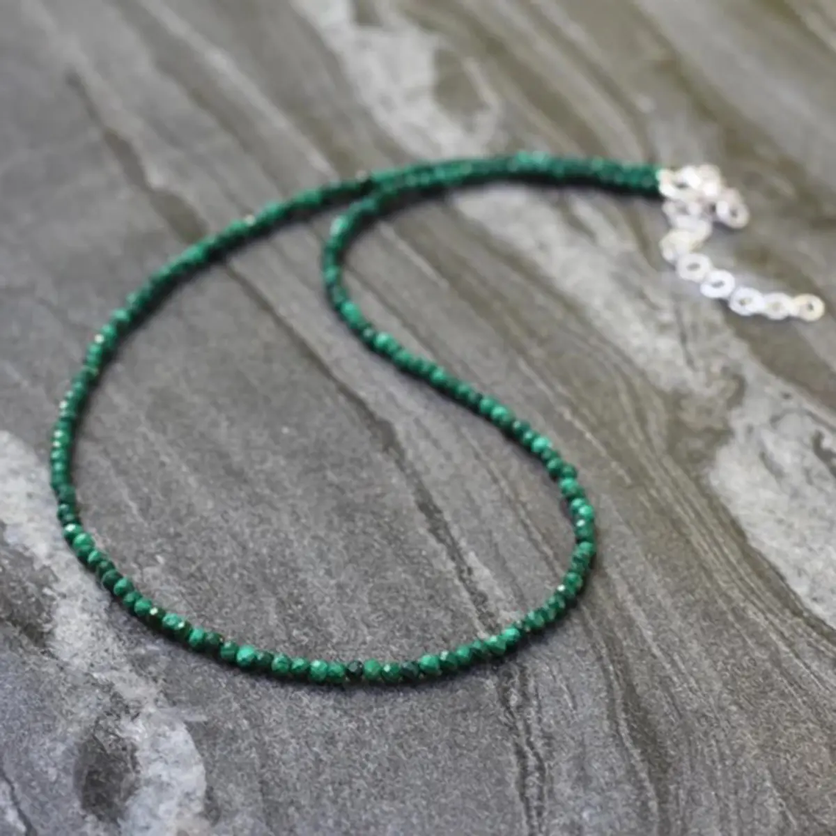 2mm Faceted Malachite Necklace on a Silver Chain, Dainty Beaded Gemstone Jewelry for Men & Women, Natural Protective Stone Gift, Beaded Gemstone Necklaces, Malachite Necklaces