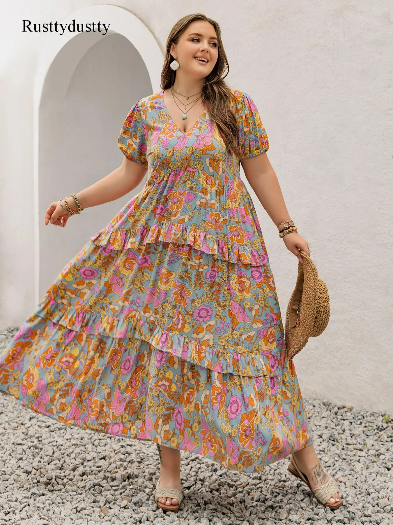 Plus Size Floral Print Puff Sleeve Tiered Layer Ruffle Hem A Line Dress, Boho Short Sleeve V Neck Long Dress for Daily Holiday Vacation Summer Wear, Women Plus Clothing for All Seasons, Casual Wear, Boho Style Womenswear