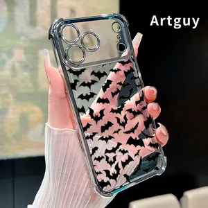 Bat Symphony Pattern Four Corner Anti-Fall Phone Case Transparent Electroplated Protective Cover for iPhone 17 16 Pro Max 15 Plus 14 13 12 11 Air E