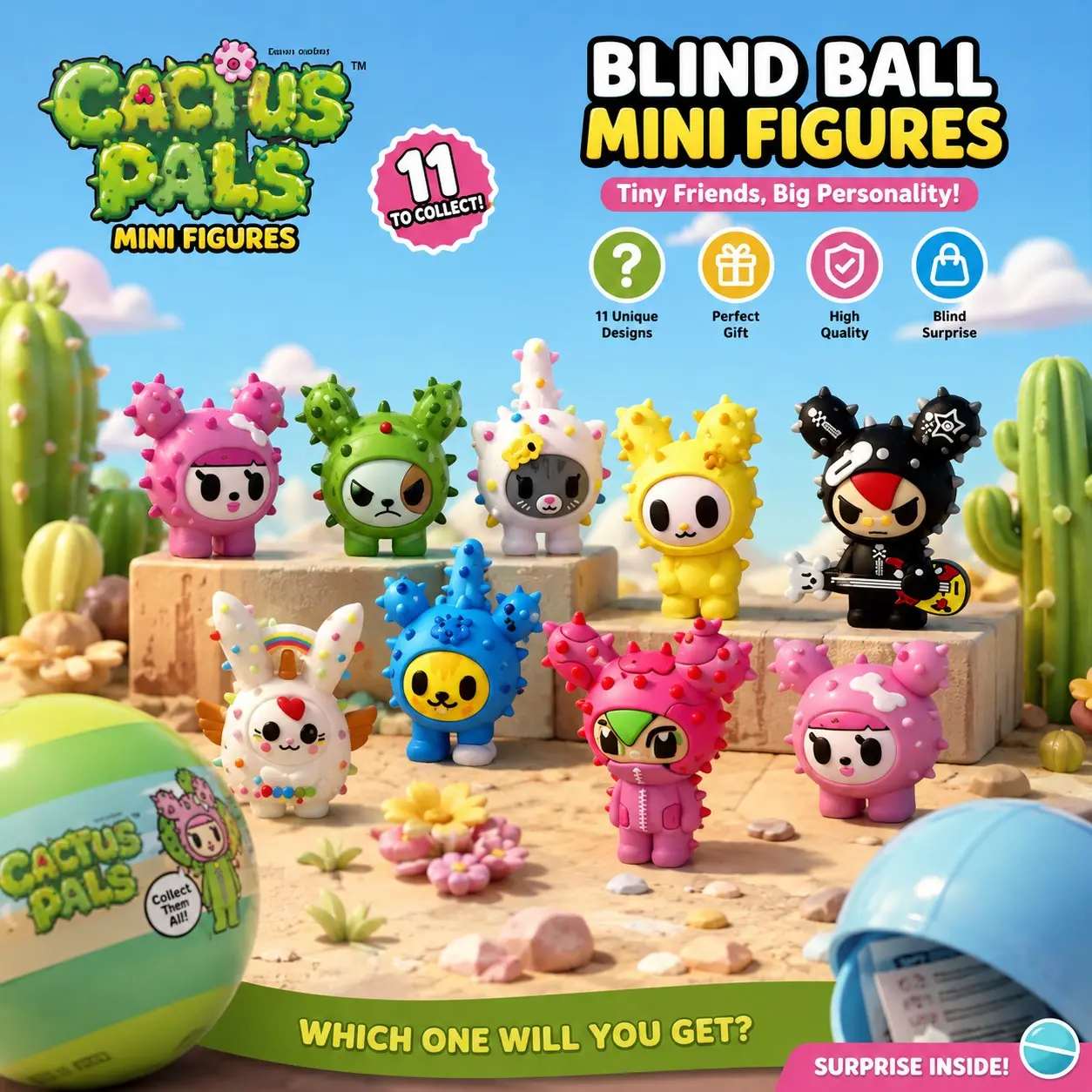 1/3/6/PCS Official Tokidoki Cactus Friends Blind Box 3D Vinyl Figures, Collectible Figurines, Cute Dripping Style PVC Miniatures, Mystery Toy Figures for Adults, Desktop Ornament, Figurine Collectibles