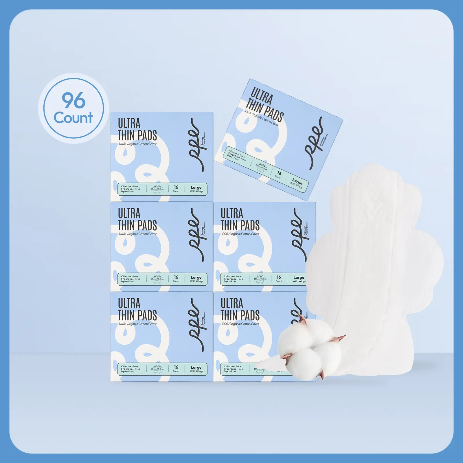 RPE Life Night Pad - 100% Organic Cotton with Wings, Soft and Absorbent, More Wider & Longer