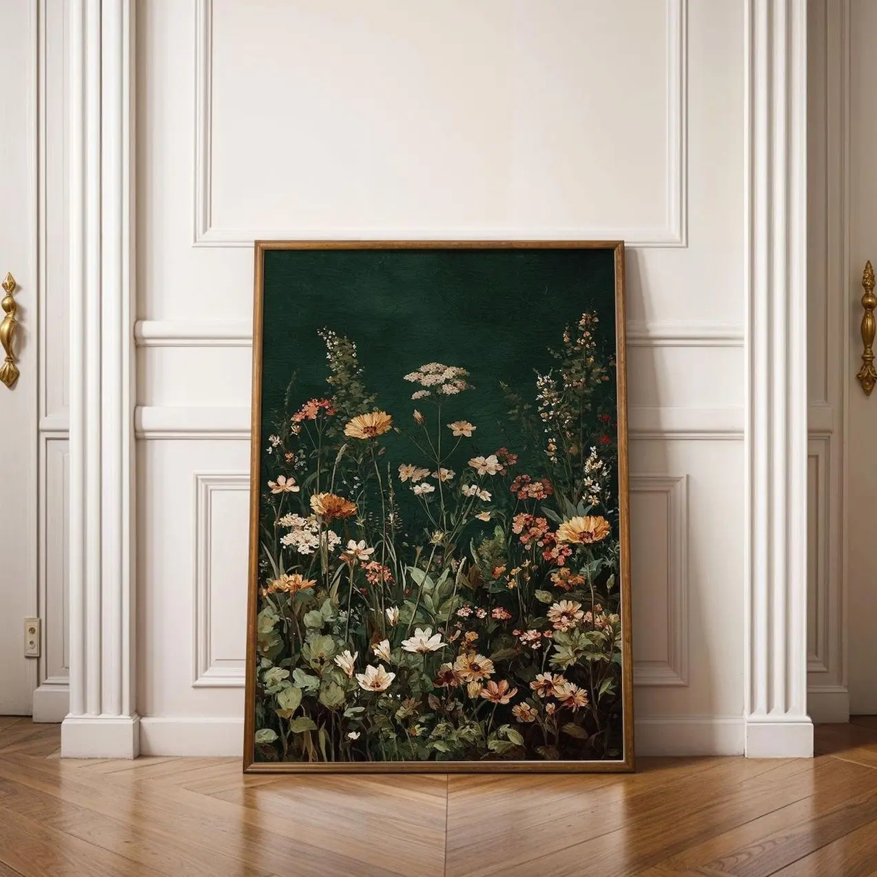 Dark Green Wildflowers poster ,Flowers Wall Art, Landscape Print, Vintage Neutral Botanical Print | Framless Poster D