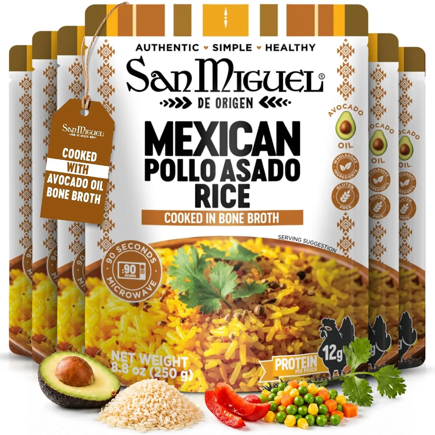 San Miguel de Origen 12g Protein Mexican Pollo Asado Rice, Cooked in Bone Broth & Avocado Oil - Ready to Eat Microwave Rice - Gluten Free Mexican Rice Pouch - Easy Meal - (6-Pack) 8.8oz