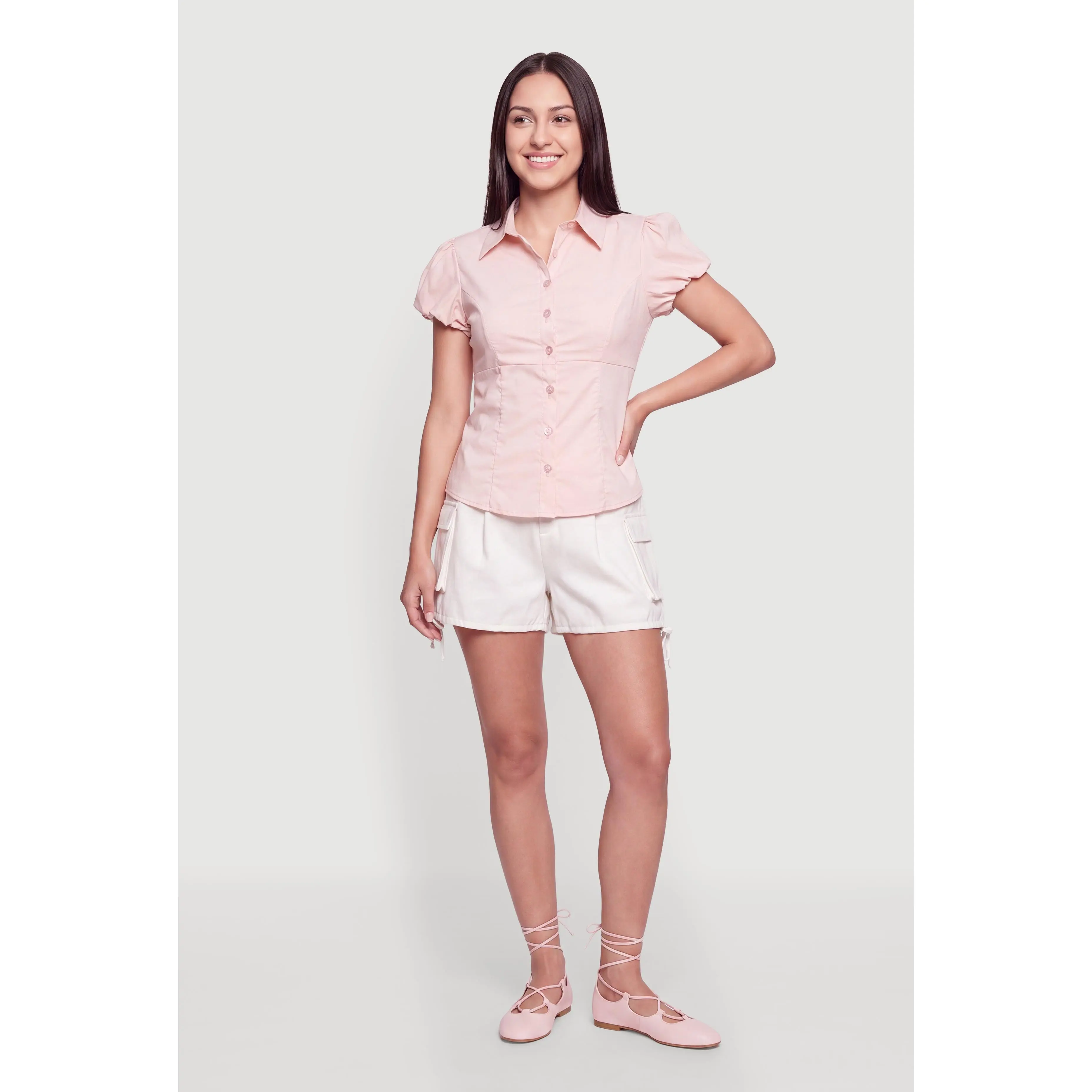 Poplin Bubble Sleeve Button Front Shirt