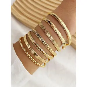 Women's 7PC Geometric Heart Twist Cuff Bangles, Stackable Metal Texture Bracelet Stack, Elegant Daily Jewelry Gift