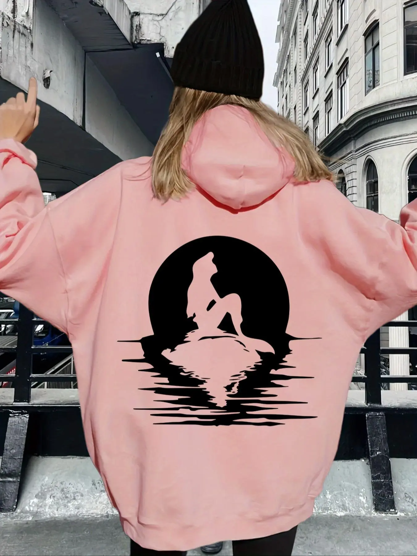 Women's Cartoon Mermaid Print Drop Shoulder Hoodie, Fashion Casual Drawstring Pocket Hooded Sweatshirt for Daily Holiday Outdoor Wear, Women Clothing for Fall & Winter