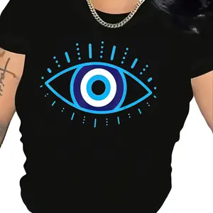 Greek Evil Eye Graphic T-Shirt by Elegant Piece Stylish Black Protection with Blue Eye Design Soft and Breathable for Everyday Use Machine Washable Workout T-Shirt Woven Textured Evil Eye Design Fabric Summer Top Womenswear Clothe