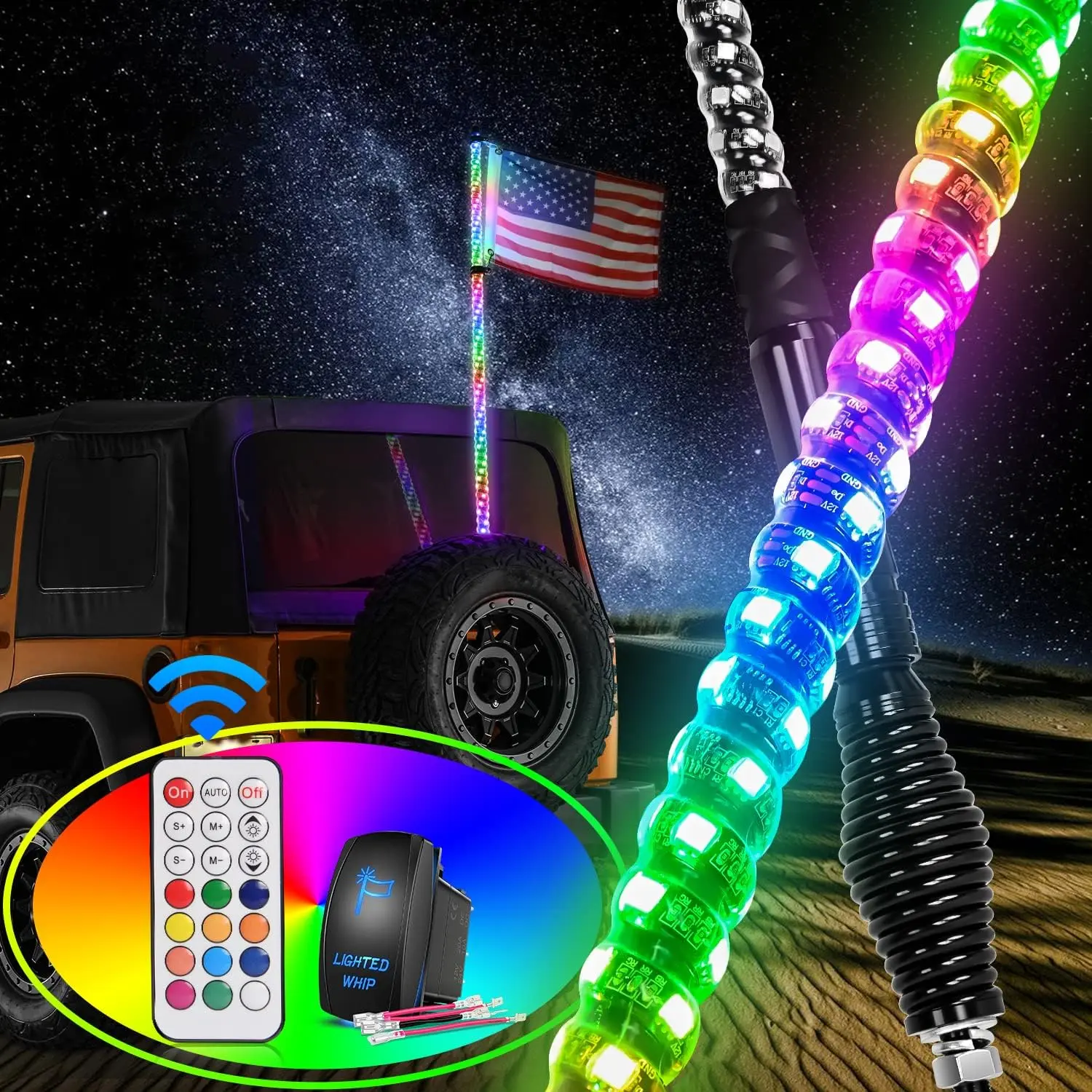 Nilight 1PC 3FT Spiral RGB LED Whip with Spring Base, Chasing Effect & RF Remote Control, Waterproof Offroad Lighted Antenna for Can-Am ATV UTV RZR Polaris Trucks, Led Waterproof Lights, Rgb Colors Light