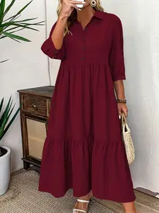 Plus Size - Women'S Elegant Dress - Flattering Loose Fit Mid-Length Dress with Button Front Placket, Non-Stretchy Fabric for Everyday & Formal Events - Spring/Fall/Summer