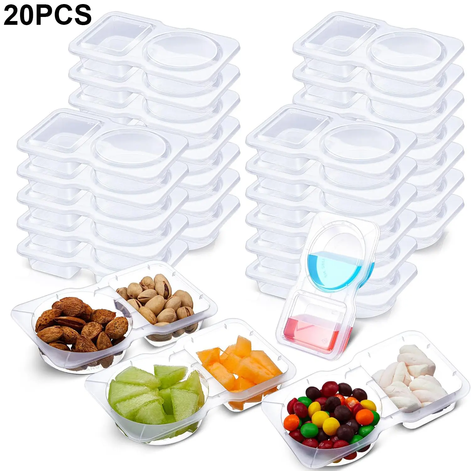 20-Pack Stackable 2-Section Leakproof Kitchen Utensils Food Storage Containers - For Kids School Lunch Ideas, On-the-Go Meals, Salad Dressing, Plastic Snack Boxes
