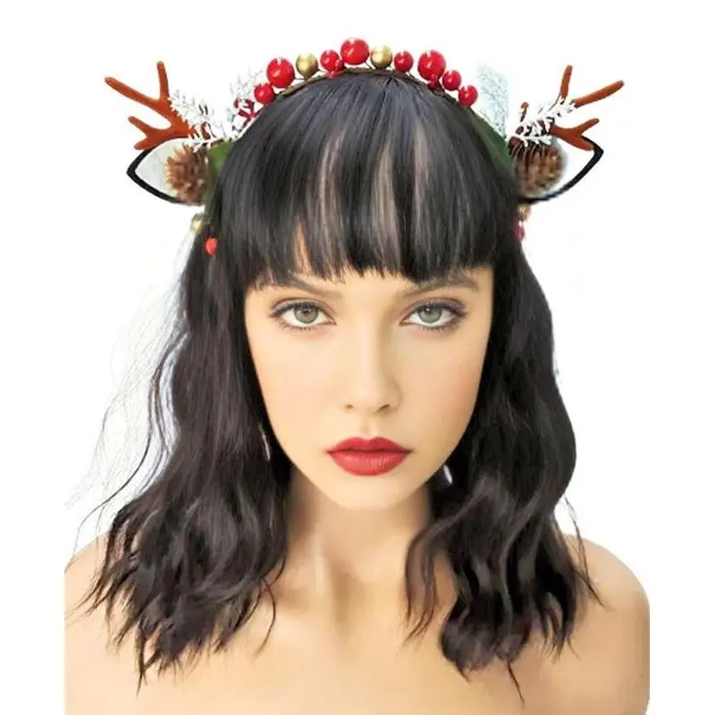 Deer Xmas Christmas Reindeer Antlers Women's Headband with Ears for Ladies and Girls Hairpiece