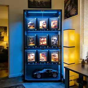 MIIFUNY Display Cabinet with Glass Doors, 4-Tier Curio Cabinet with 3 Color Lights for Collectibles, Showcase Display Case with Human Body Sensor, Glass Cabinet with Shelves for Figures,Toys, Black