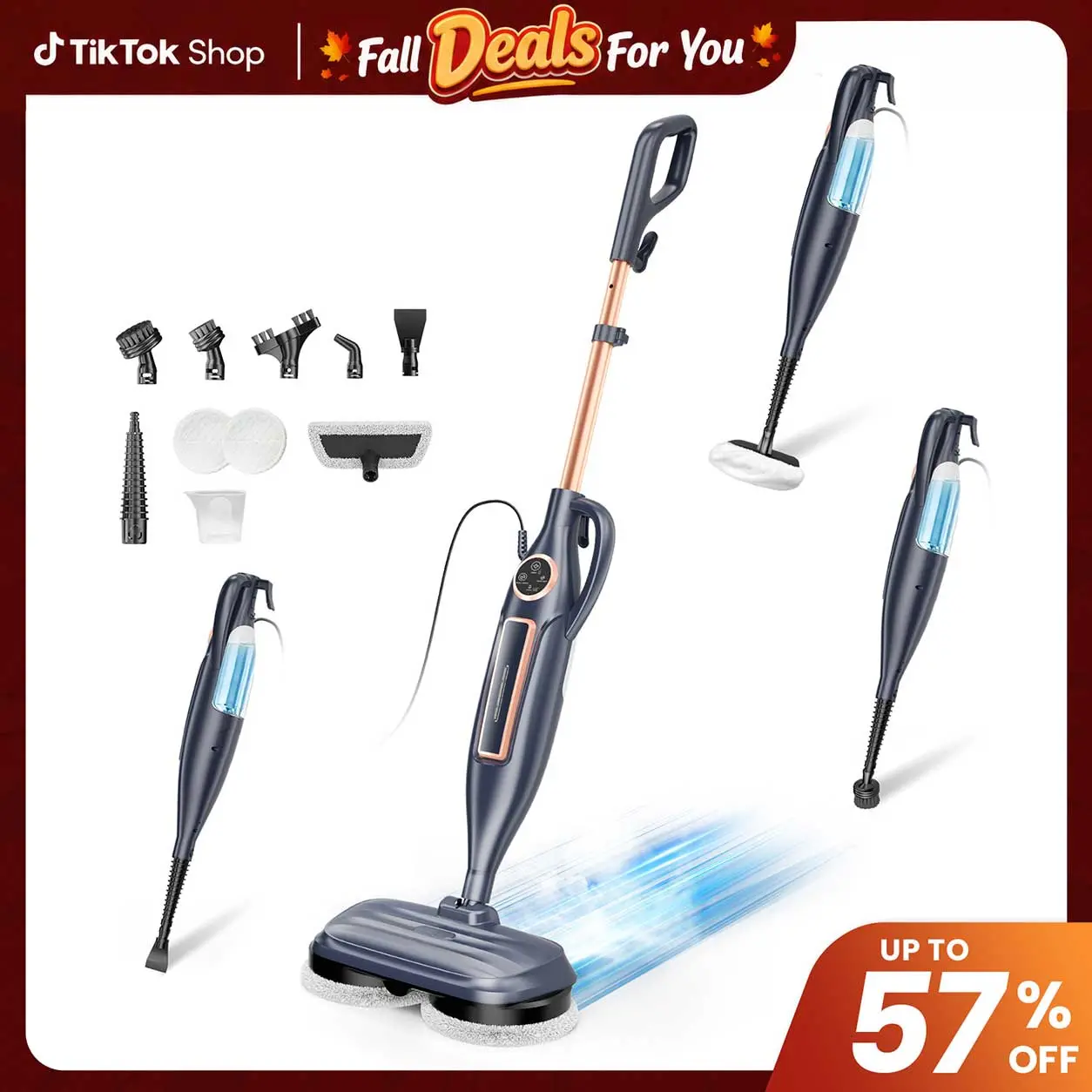 [BlackFriday] DEVOAC 10-in-1 Rotating Disc Electric Steam Cleaner - Lightweight Mopping Tool with Curved Brush, Removable Brush, 5m Cable, Spin Wringer, 3 Vapor Levels, US Plug - Ideal for Wood/Laminate/Marble Floors, Household Floor Cleaning Item