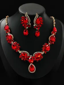 Elegant Vintage Colorful Gemstone Water Drop Full Diamond Necklace Earrings Set, Bridal Wedding Evening Party Jewelry Gift