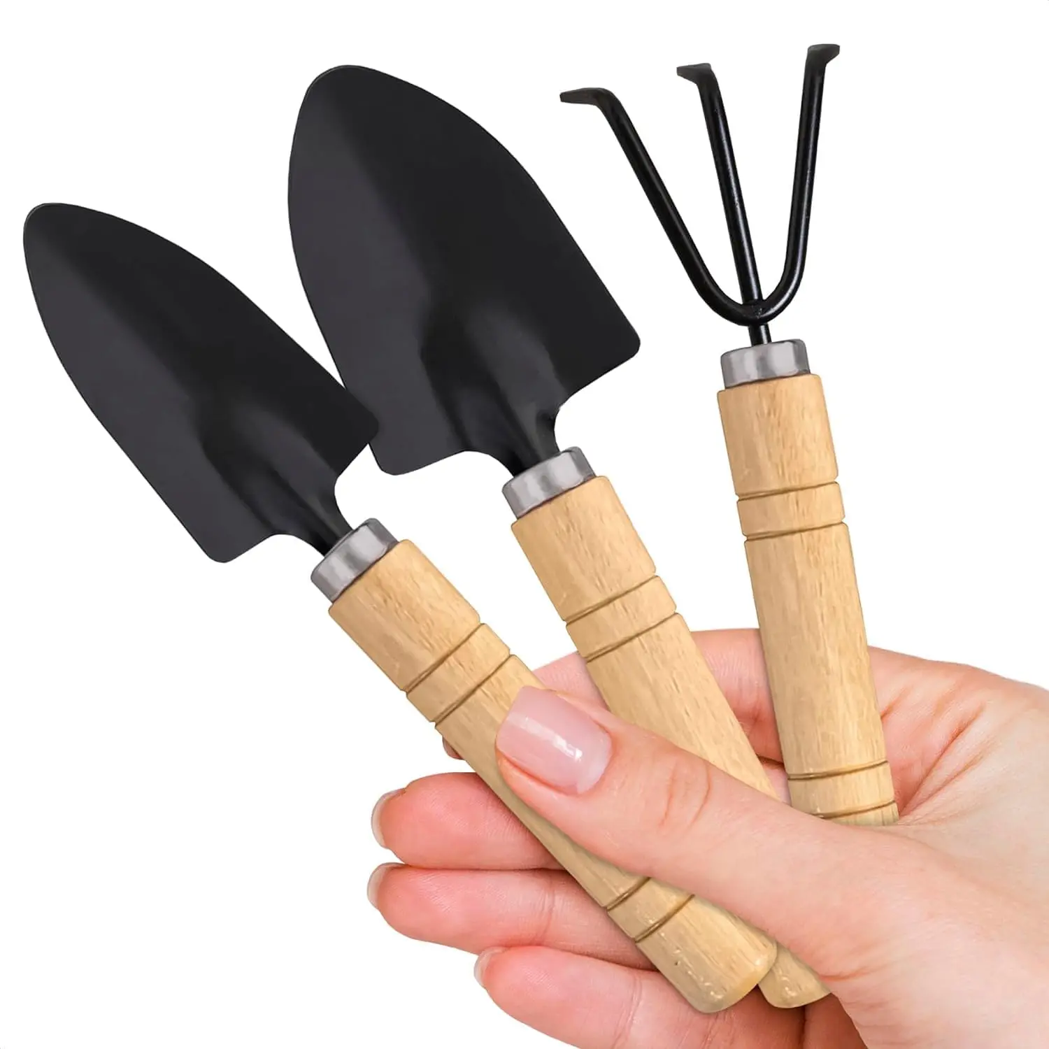 3 Pcs Iron & Wood Mini Garden Tools Set - Rust-Resistant Trowel, Shovel, Hand Rake with Wooden Grip for Bonsai Care, Indoor Succulent & Pot Plants, Indoor Gardening, Compact, 1 Hand Trowel, Shovel + Trowel