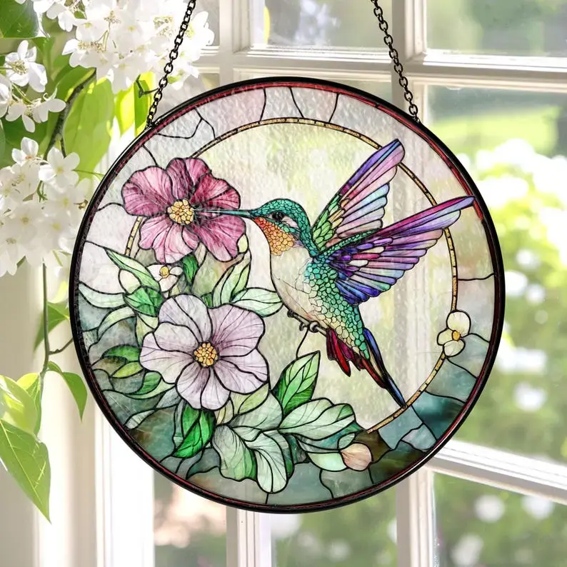 Round Colorful Light Stained Glass Hummingbird Suncatcher - Window Hanging, Bird Wall Art, Christmas Decoration, Gift for Mom, Indoor Home Décor, Sympathy Memory Gift