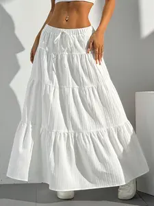 White Tiered Maxi Skirt for Women – High Waist Ribbed Drawstring Elastic Waist, Flowy A-Line Ruffle Long Skirt for Summer Casual Beach Boho Vacation