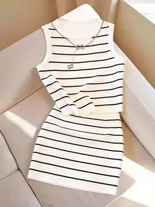 Summer Fashion Casual Fit Commuter Striped Knitting Sleeveless Tank Top + High-Waisted Short Skirt Set, Versatile for Everyday Daily Wear, Office, Dates, Women's Clothes Womenswear