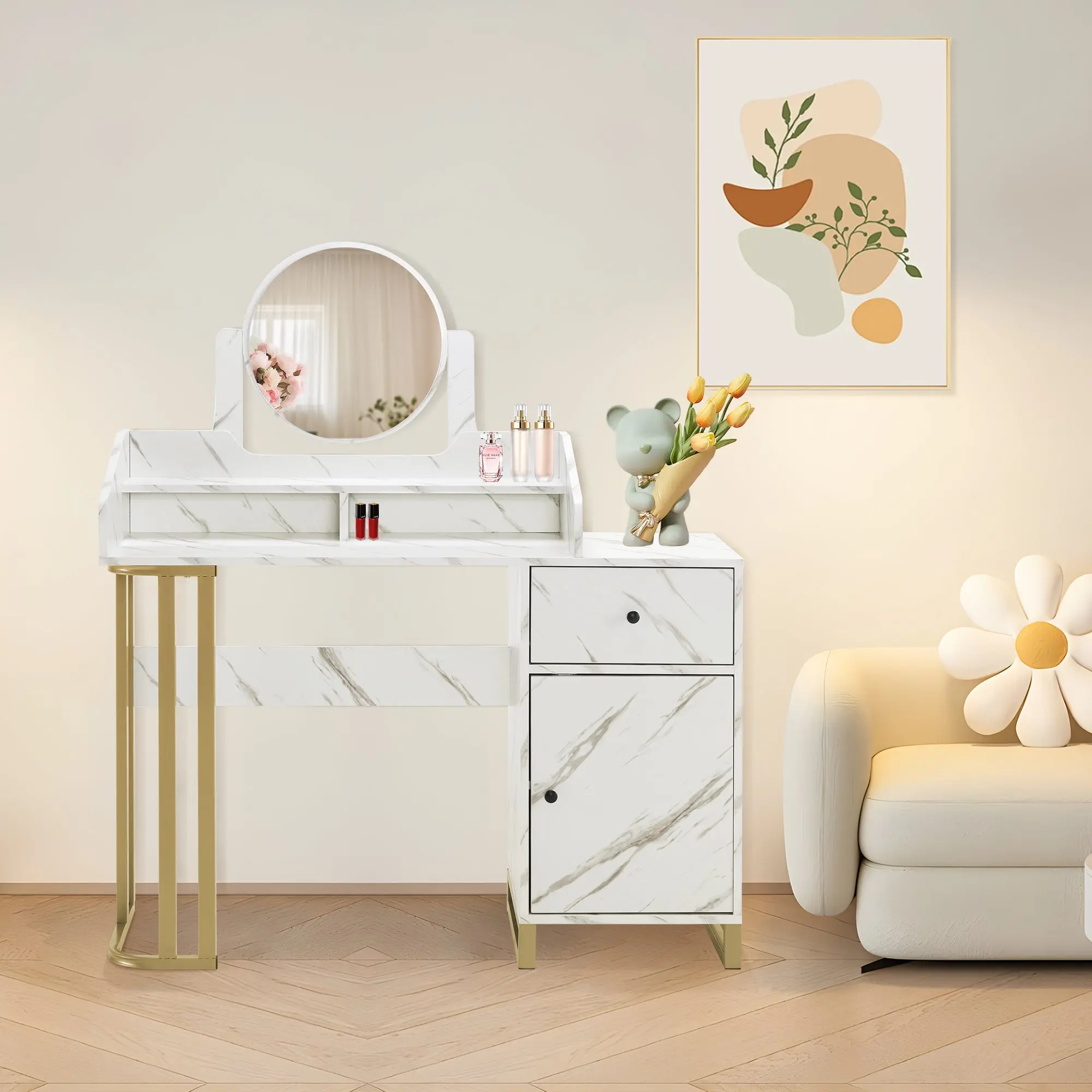 BarberPub Modern Sturdy Metal Vanity Desk Furniture - Adjustable Stand with Built-In Adjustable Mirror, Drawered Storage Organizer Station for Bedroom Organization (3388), Vanity Organization