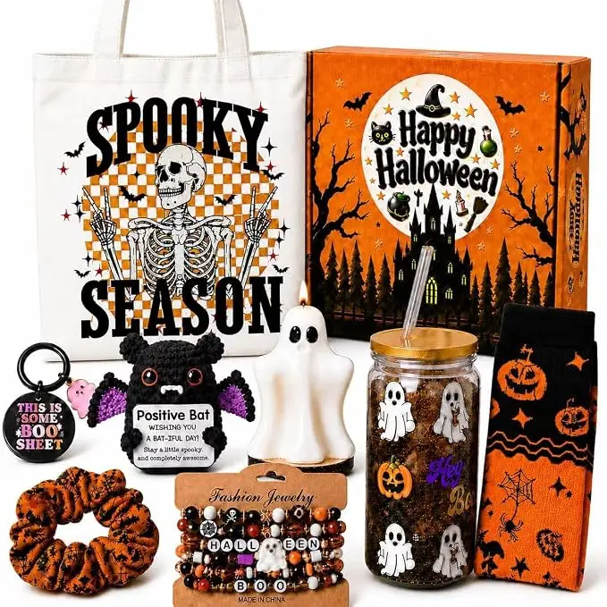 Boo Basket for Teen Girls & Women 13 Piece Halloween Gift Set with Spooky Glass Cup Candle & Cozy Socks Halloween Gifts for Sister Best Friend Teens & Adults Boo Basket Stuffers & Sleepover Party Gifts