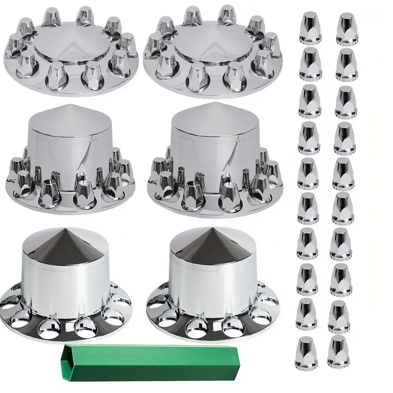 Chrome ABS Plastic Spiked Axle Wheel Cover Kits - 33mm Thread-On Dome Nut Covers, Multi-Layer Coat, Wear-Resistant, Corrosion-Resist, Heavy-Duty Auto Replacement Parts for Semi Trucks, Trailers, Fits 10-Lug 20/22.5/24.5 Wheels, 1-Year Quality Assurance, A