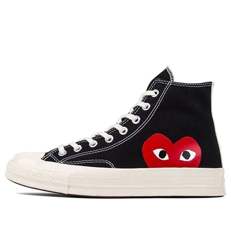 Converse x Comme des Garçons PLAY Men's Chuck 70 Hi-Top Canvas Sneakers with Heart Logo in Classic Black, Sports Shoes, Footwear, Athletic, Classic Casual, Novelty Print, Lace-Up, Closed