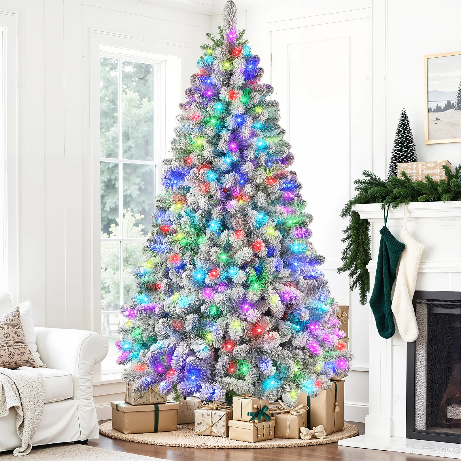 2026 Upgraded 4/5/6/7/7.5/8/9/12FT Snow-Flocked Christmas Tree with Prelit Multi-Color RGB Christmas Lights and Full, Snow-Covered Branches