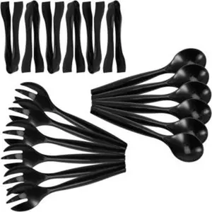 Set of 18 heavy duty disposable plastic serving utensils six 10 spoons and forks six 612 tongs black