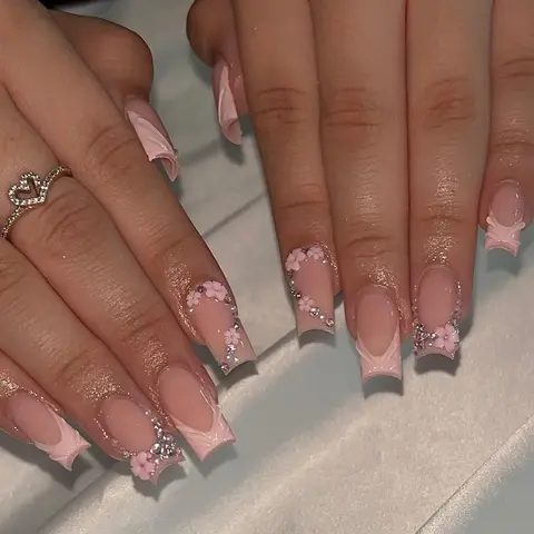 Flower Decor Fake Nail, 24pcs Short Square Press on Nails for Women & Girls DIY Nail Art, Elegant Stick on Nails Kit, Acrylic Press Nails, Decorative Nails, Nail Art Sheet, Removable False Nails