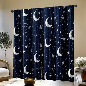 Stars Moon Print Curtains, Window Curtain, Home Decoration Curtain, 2 Piece Set Modern Design, Durable Polyester Fabric, Suitable for Living Room Bedroom Kids' Room Home Decor