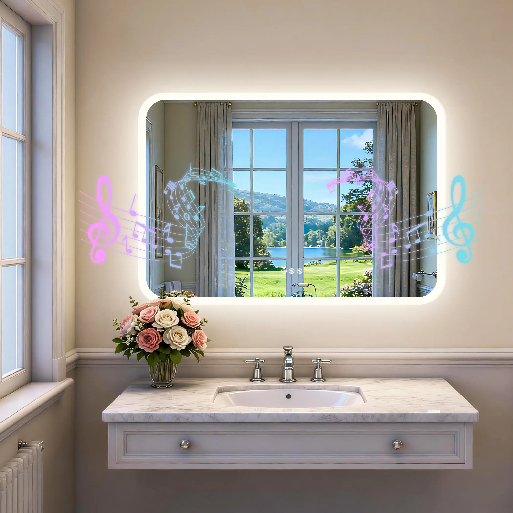 Tempered Glass LED Bathroom Mirror Rectangle Wall LED Lighted Bathroom Mirror with Bluetooth Speaker, Backlight Vanity Mirror, Dimmable Anti Fog