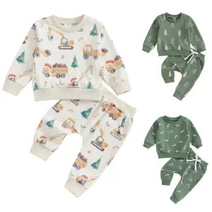 Kids Toddler Boys Christmas Outfit Long Sleeve Candy Cane Xmas Tree Print Sweatshirt Tops Jogger Pants Fall Winter Clothes