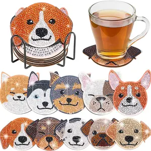 10 irregularly shaped cute dog pattern artificial diamond painting art set coasters, DIY crystal diamond painting wooden table art coasters with stand, for adult office coffee MATS, family coasters, handicrafts, supplies and gifts, Diamond Painting Kits
