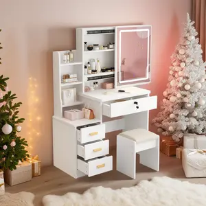 Vanity Desk with Mirror and Lights, 3 Lighting Modes,European Style Dressing Table with Drawers and Open Storage Shelves,Dressing Table for Small Spaces, Bedroom, White