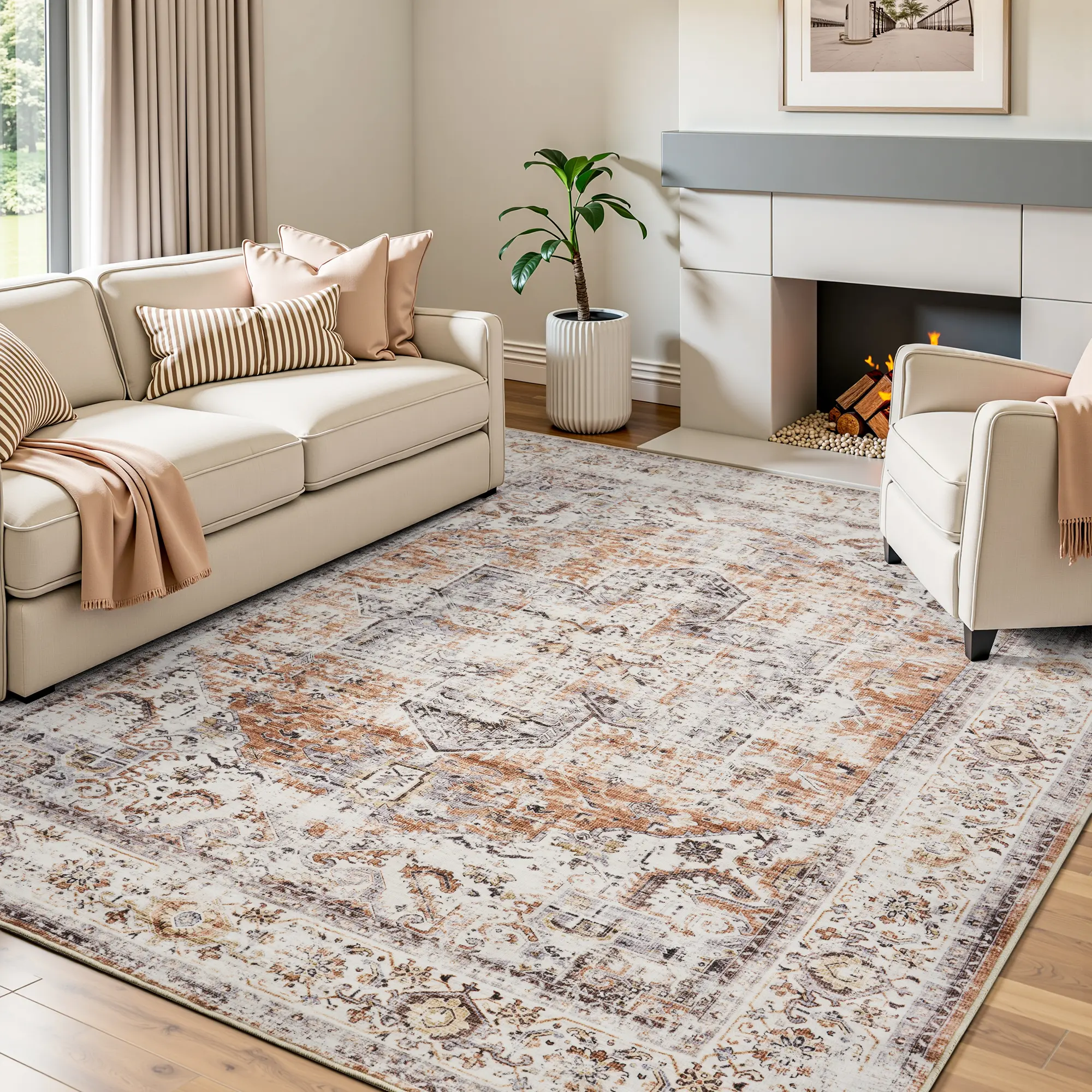 [CLEARANCE] MontVoo Vintage Medallion Rustic Soft Area Rug - Anti-Shrink, Retro Distressed, Washable Non-Slip Decorative cozy Area Rug for Living Room, Farmhouse Aesthetic Vintage Room Decor Home Accent Indoor Area Rug