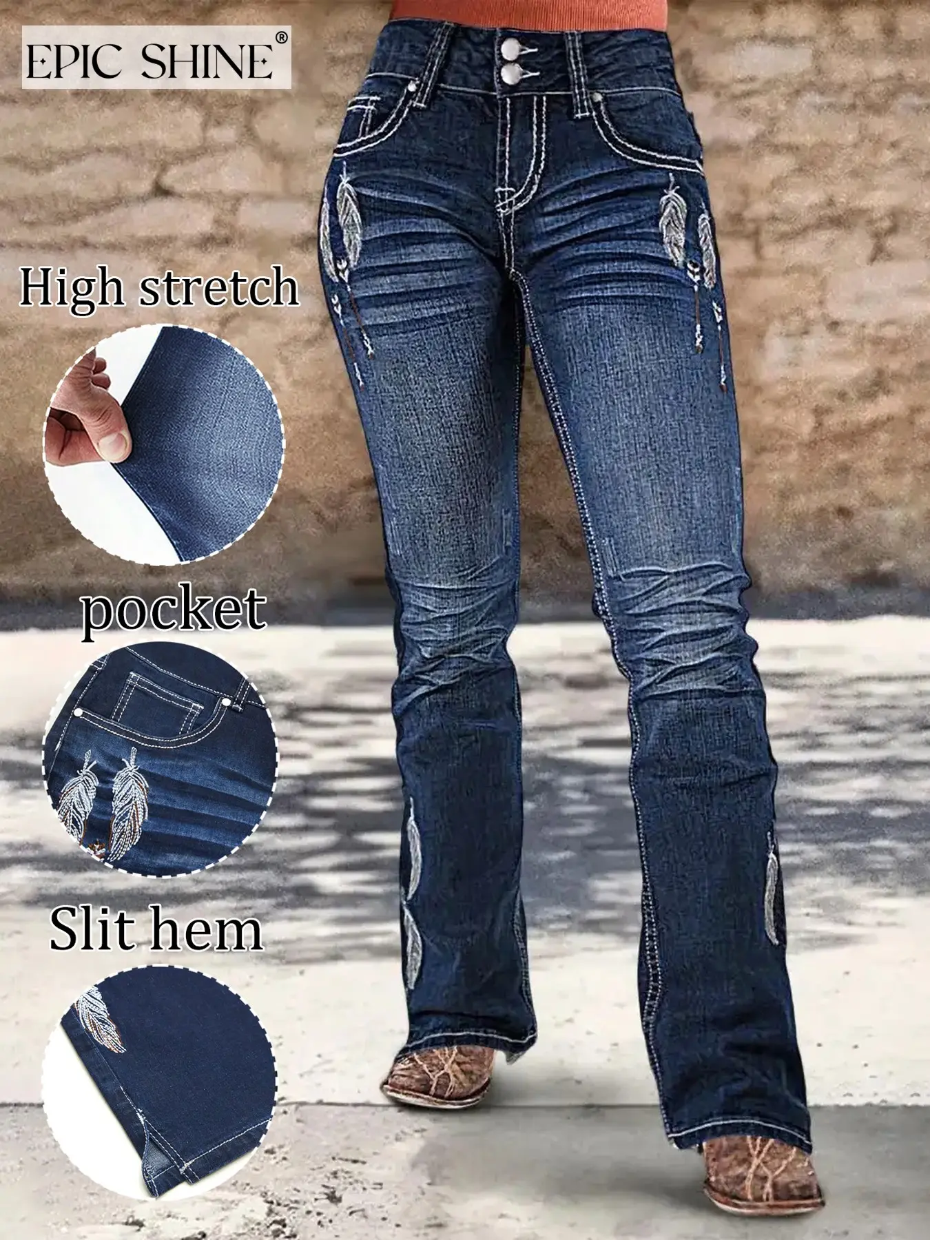 Women's High-Waisted Denim Clothing Dark Wash Jeans Pants, Embroidered Feather Design, Flared Leg, Fitted, Comfortable Fit, Western Style, Spring & Fall Fashion