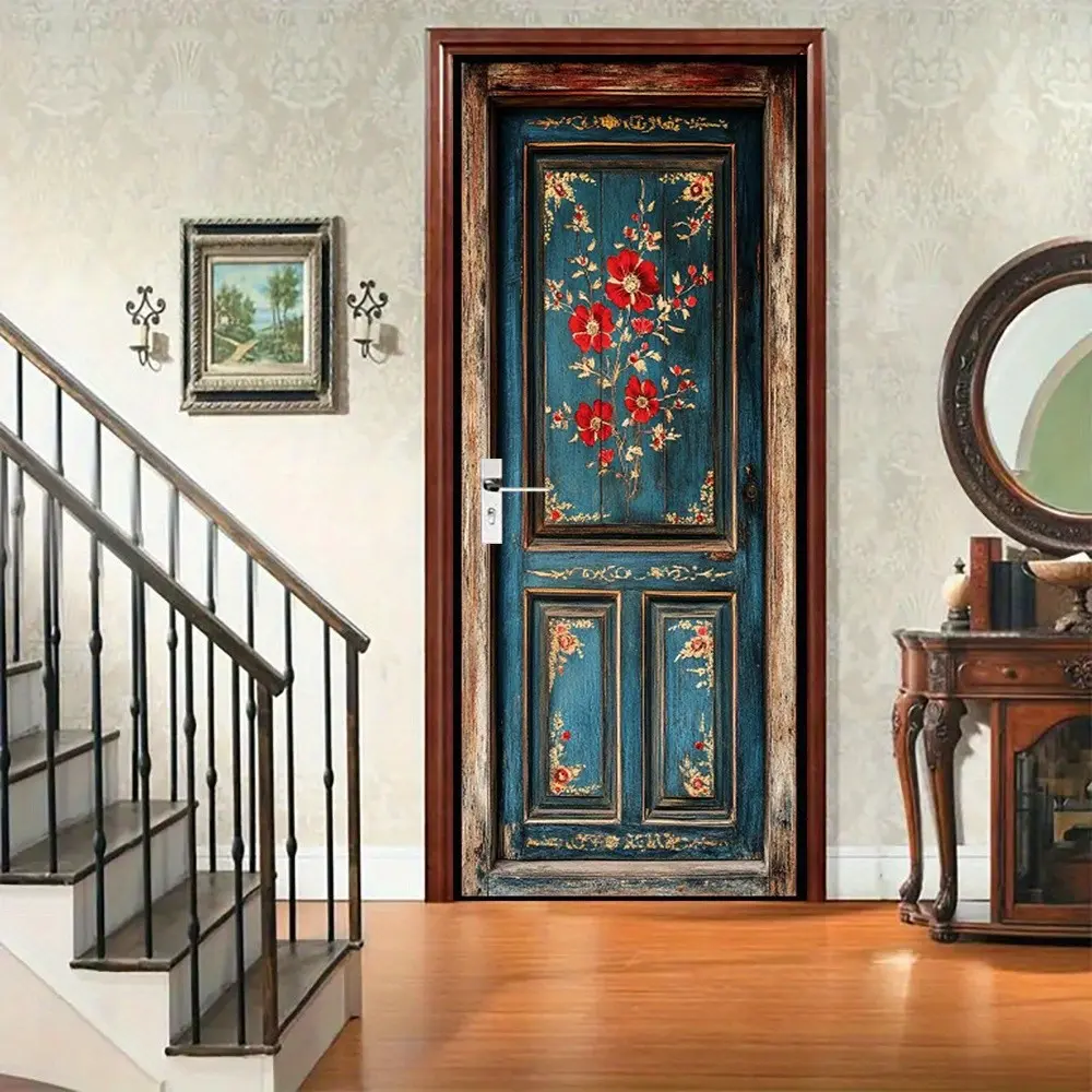 Weathered Wood Wall Sticker, Decorative Stickers, Decorative Decal, Adhesive Decals, Blue Door Mural with Decor, Self-Adhesive Floral Pattern, Traditional Home Decoration, Easy Installation