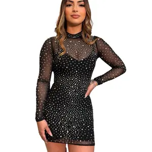 Valentine Collection Embellished Mesh Tube Dress with Long Sleeves and Rhinestone Accents for Night Out Stylish Design Comfortable Fit